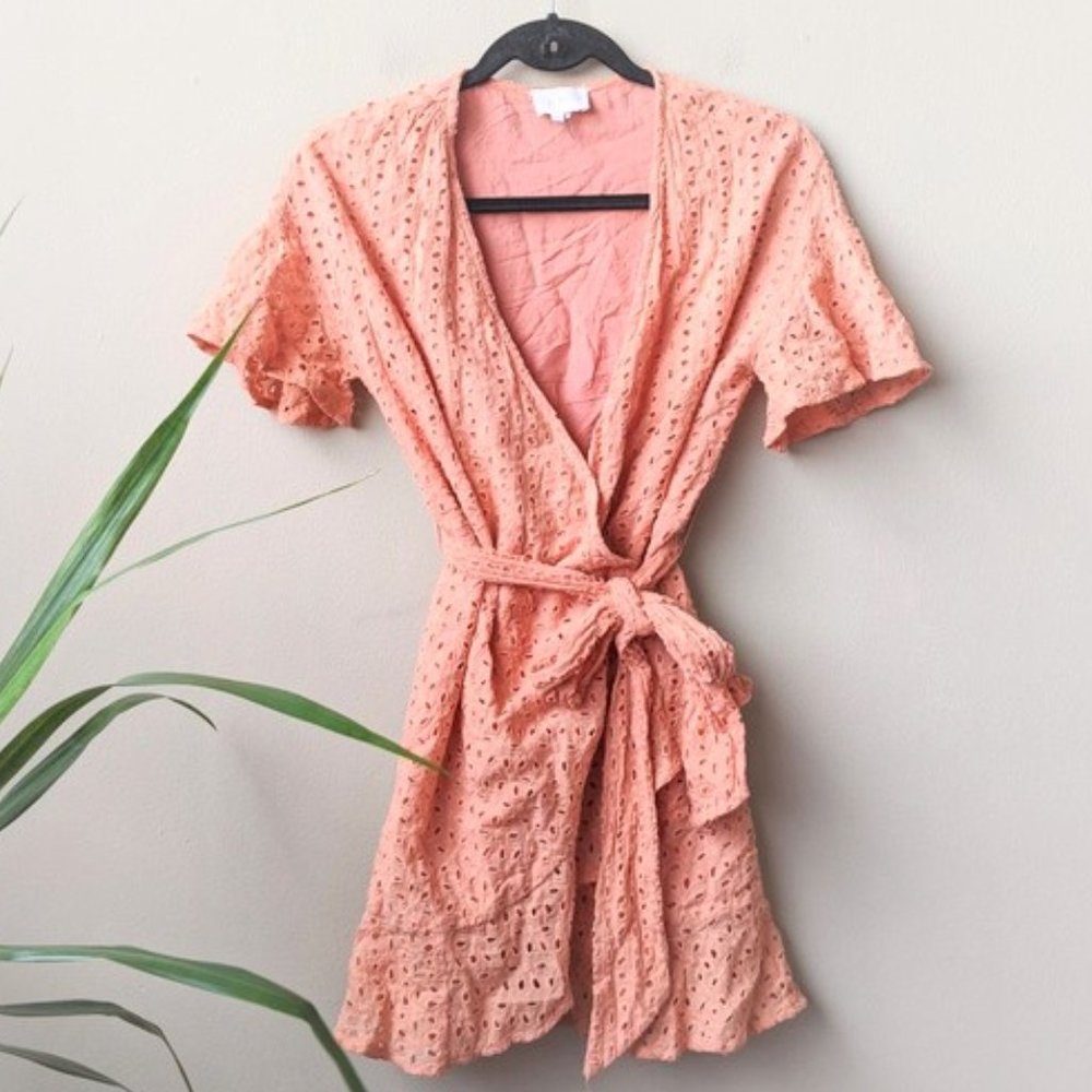 ENTRO Lace Eyelet Wrap Ruffle Mini Dress, size S